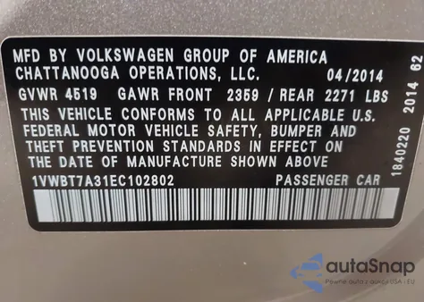 2014 Volkswagen Passat 1.8T Se из США, поврежденный, VIN 1VWBT7A31EC102802